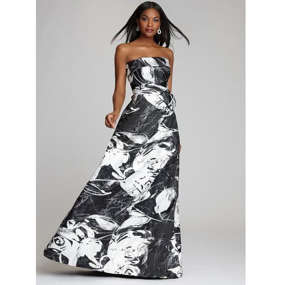 Teri Jon Jacquard Strapless Gown Black Ivory Metallic Bow Accent Dress Sz 2 - Picture 1 of 14